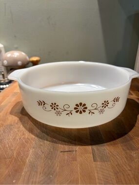 White Glass Bake Dish with Brown Floral Accent